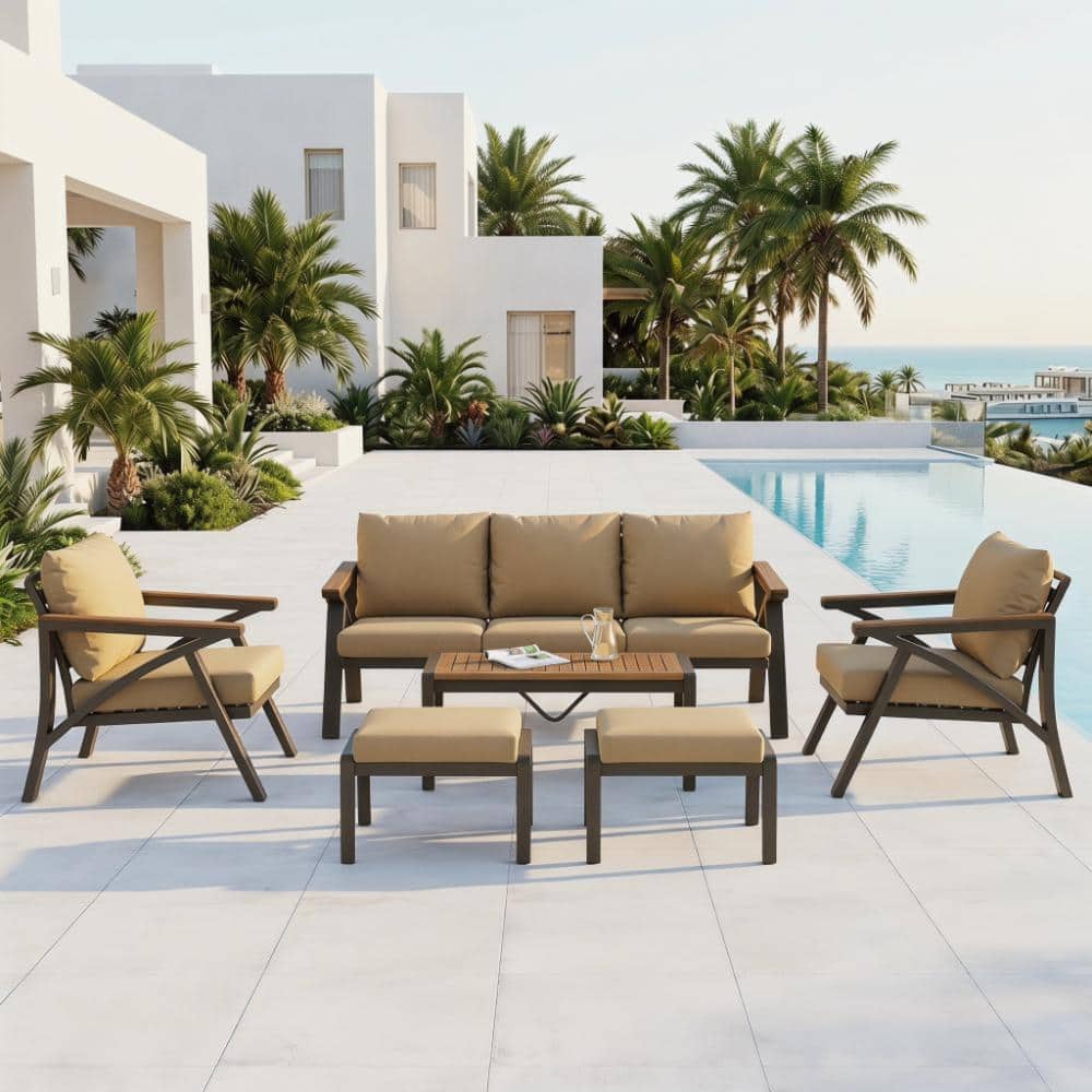6-Piece Brown Steel and Brown Wood Outdoor Patio Conservation Sectional Sofa Set with Removable Brown Cushion price history on PriceWatchPro
