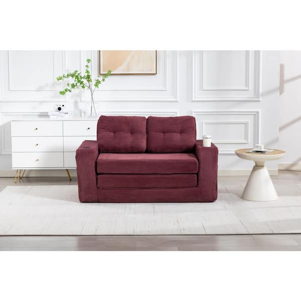 Erix 53.54 in. Square Arm Corduroy Rectangle 2 in 1 Convertible Sofa Bed in Wine Red with Pillows