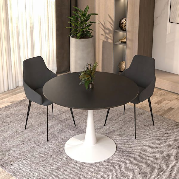 Leisuremod Bristol 40 in. Round Dining Table Modern MDF Wood Tabletop in White Stainless Steel Metal Pedestal Base in Black Seats 4