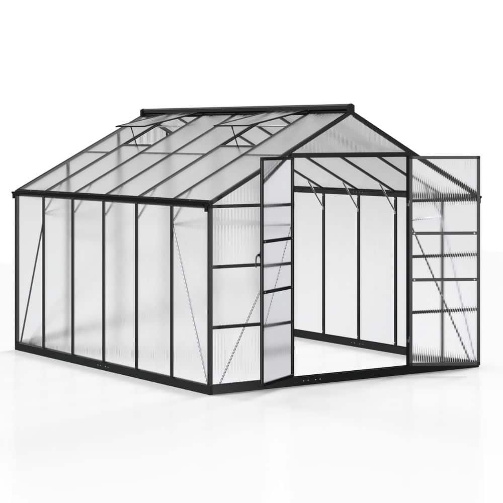 NETAJE 10 ft W x 12 ft D Black Polycarbonate Greenhouse with Quick