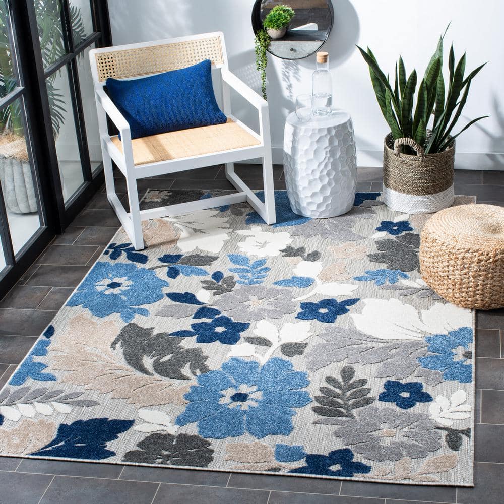 Cabana Grey/Blue Floral Reversible Synthetic Square Rug - 7' x 7'