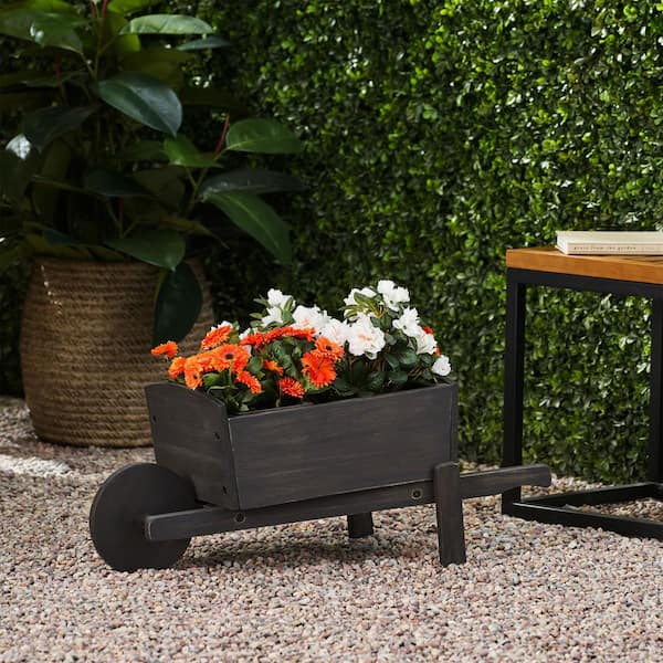 Tunearary Acacia Wooden Trolley Style Dark Gray Planter with 1 Wheel and 2 Drainage Holes