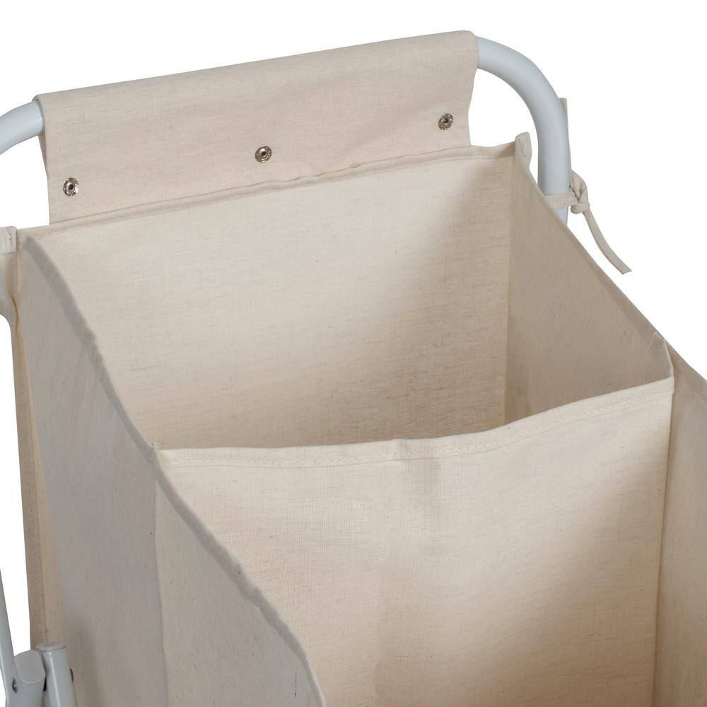 White Canvas Collapsible Triple Laundry Sorter with Wheels