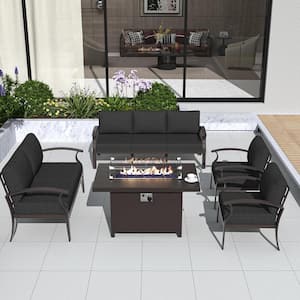 7-Piece Aluminum Patio Conversation Set with Armrest, 55000 BTU Firepit Table and Black Cushions