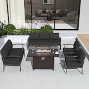 7-Piece Aluminum Patio Conversation Set with Armrest, 55000 BTU Firepit Table and Black Cushions