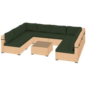9-Piece Beige Wicker Patio Conversation Set with Pine Green Cushions and Coffee Table