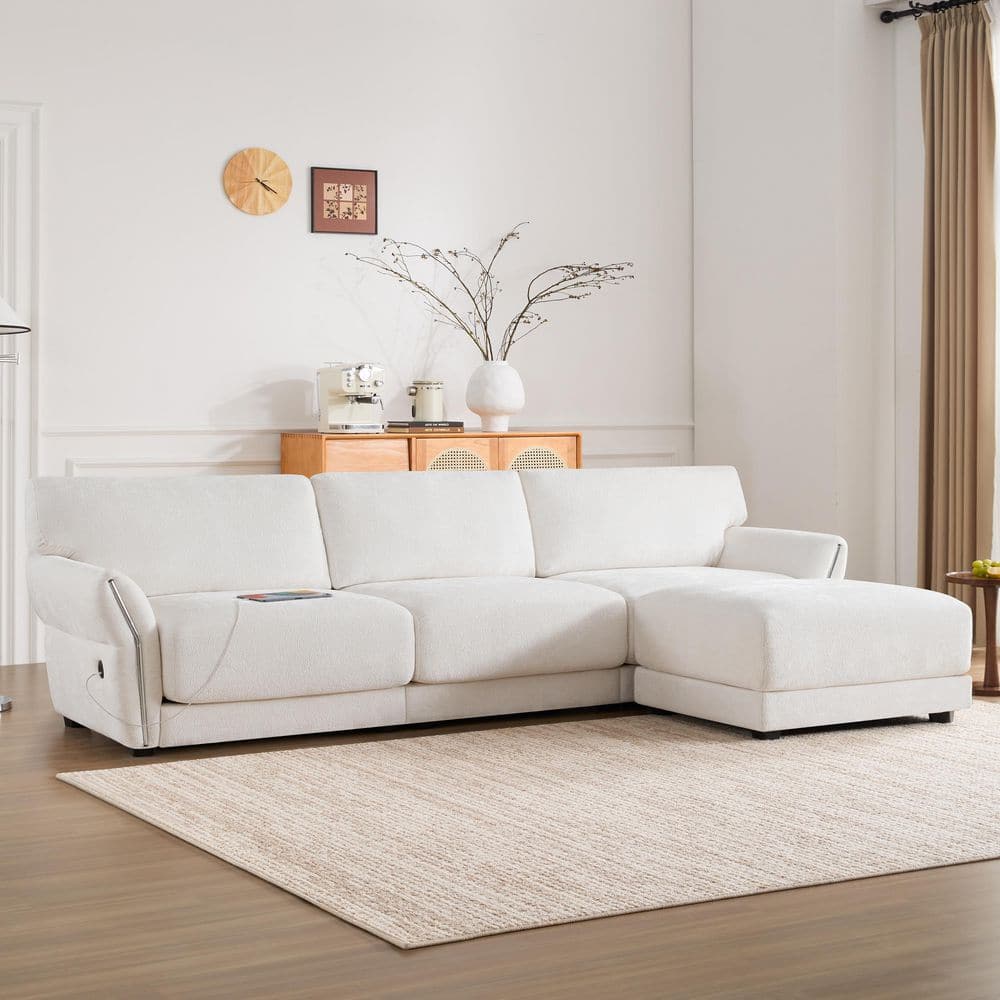 Extra-Wide Chenille 4-Seat L-Shape Modular Sectional Sofa in White with USB