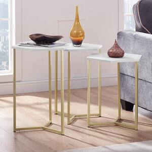 Modern Transitional Faux White Marble/Gold Hex Wood and Metal Nesting Tables (Set of 3)