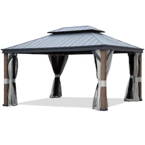 12 ft. x 16 ft. Premium Wood Grain Gazebo with Double Galvanized Steel Roof, Mosquito Netting, Curtains and Ceiling Hook