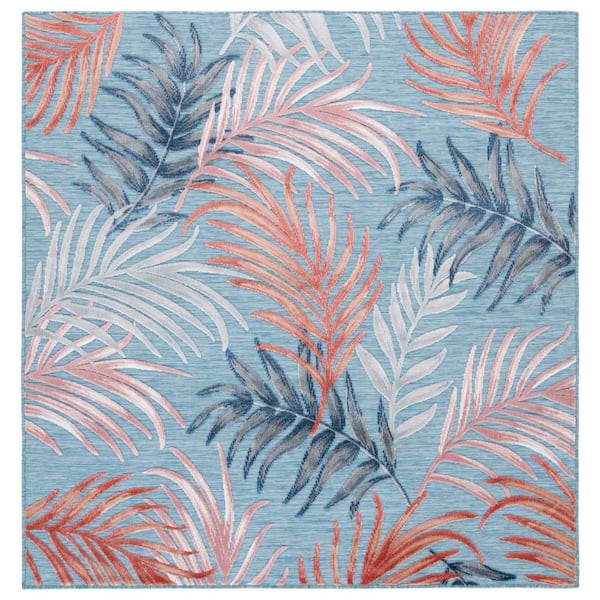 Cabana Blue/Rust 6 ft. x 6 ft. High-Low Abstract Leaf Indoor/Outdoor Square Area Rug