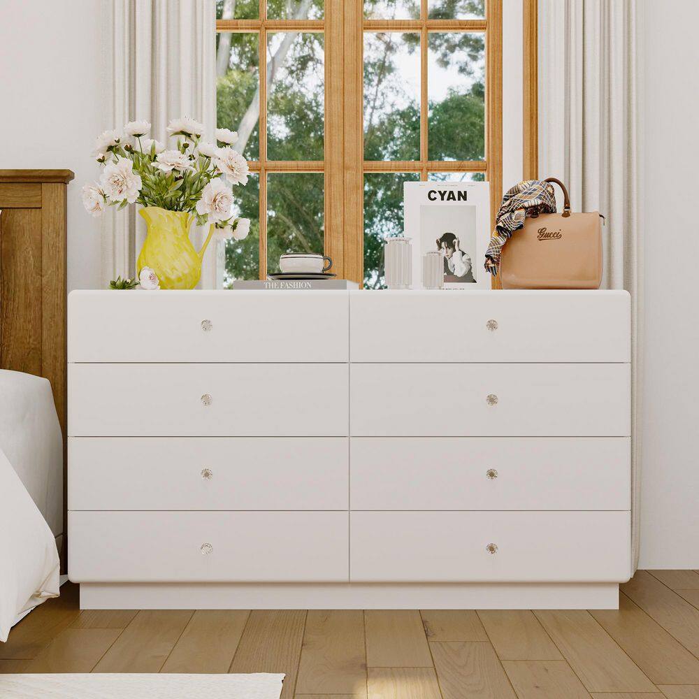 White 8 Drawer 55.1 in. Dresser with LED Lights, Glass Top, Modern Chest of Drawers with Crystal Handles, Storage