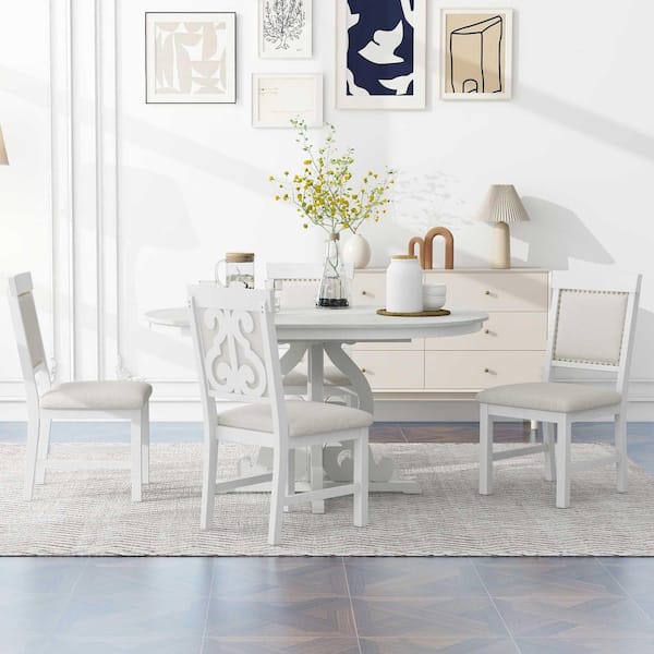 Polibi 5-Piece Retro Antique White Extendable Wood Top Dining Room