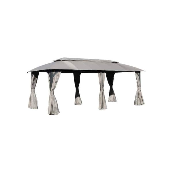 Boosicavelly 10 ft. x 20 ft. Outdoor Gray Steel Soft-top Gazebos with Fabric Ventilated Double-Roof with Curtains and Netting