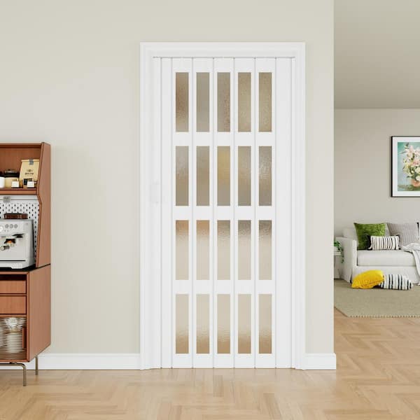 Blackout Door 36 in. x 80 in. White Dual 4-Lite PVC Accordion Door with Frosted Acrylic Glass with Hardware Kit