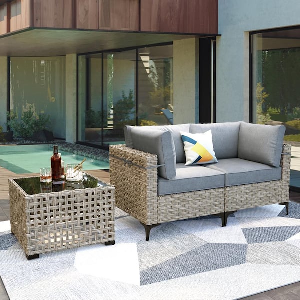 OVIOS Supery Gray 3-Piece Wicker Patio Conversation Set with Dark Gray Cushions and Coffee Table