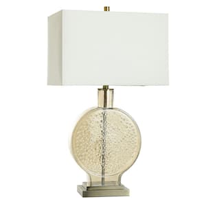 32.25 in. Gold Hammered, Brushed Brass, White Gourd Task and Reading Table Lamp for Living Room with White Linen Shade