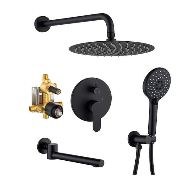 RAINLEX Round 10 in. Shower Head 2-Handle 3-Spray High Pressure Shower Faucet with Tub Spout in Matte Black (Valve Included)