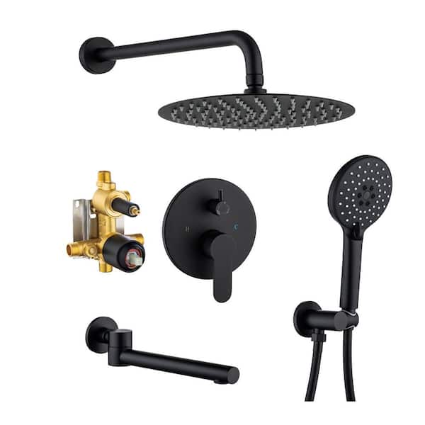RAINLEX 1-Handle 3-Spray Round High Pressure Shower Faucet with Swivel Spout 10 in. Shower Head in Matte Black (Valve Included)