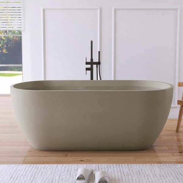 63 in. x 31 in. Terrazzo Stone Solid Surface Flatbottom Freestanding Soaking Bathtub in Rock Gray (Outdoor-Compatible)