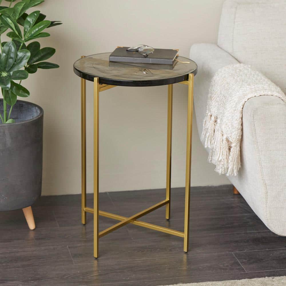 Litton Lane 16 in. Gold XShaped Large Round Glass End Table with Textured Glass Tabletop 044660