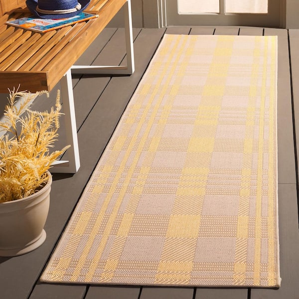 Courtyard Gold/Beige 2 ft. x 8 ft. Plaid Indoor/Outdoor Runner Rug