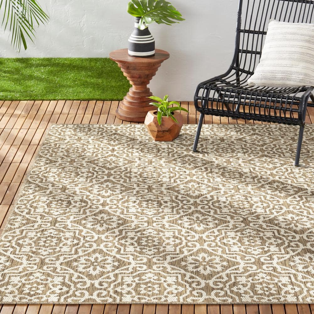 Brown and Beige Geometric Synthetic 8' x 10' Reversible Area Rug