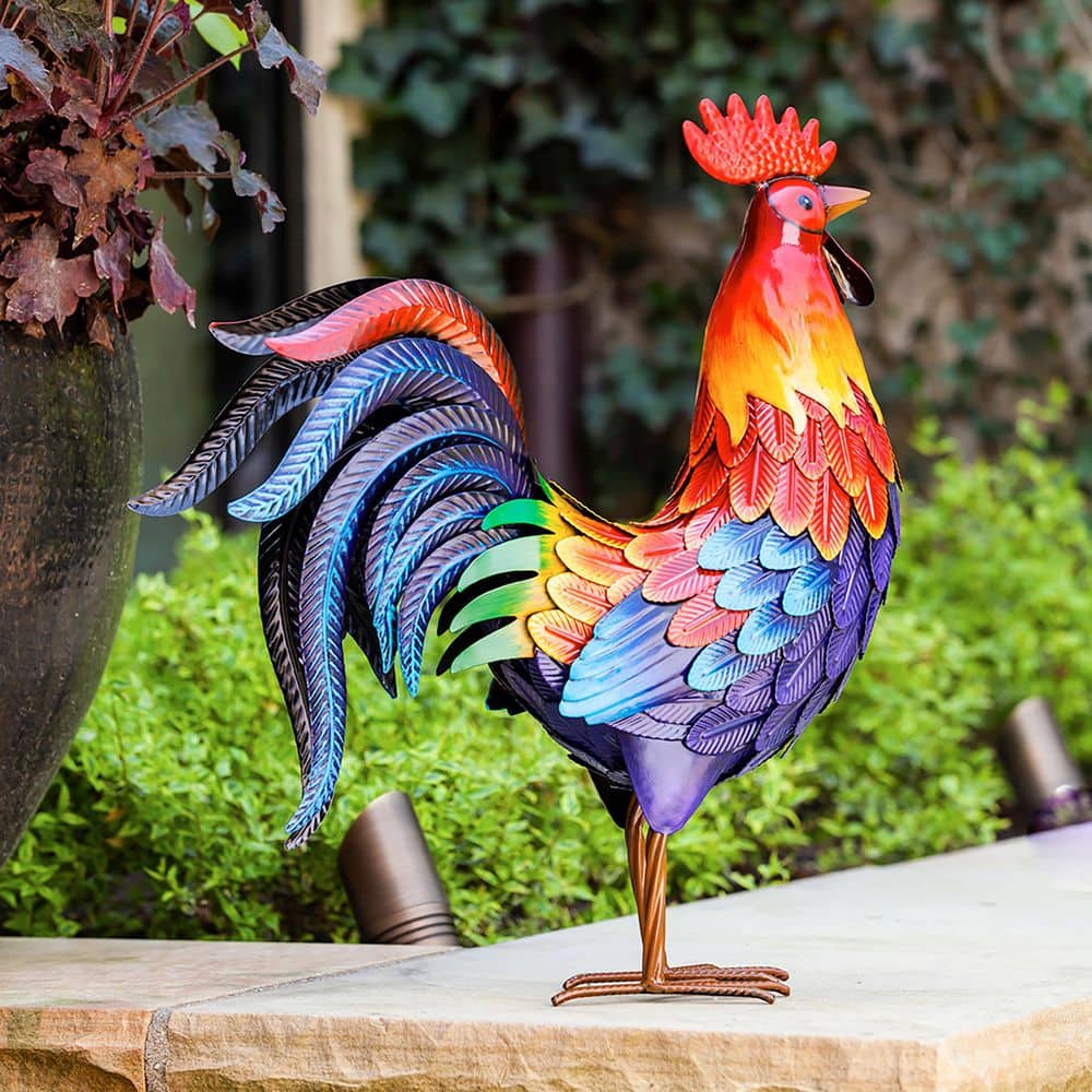 Vibrant Multicolor Metal Rooster Garden Statue 20.87 inches