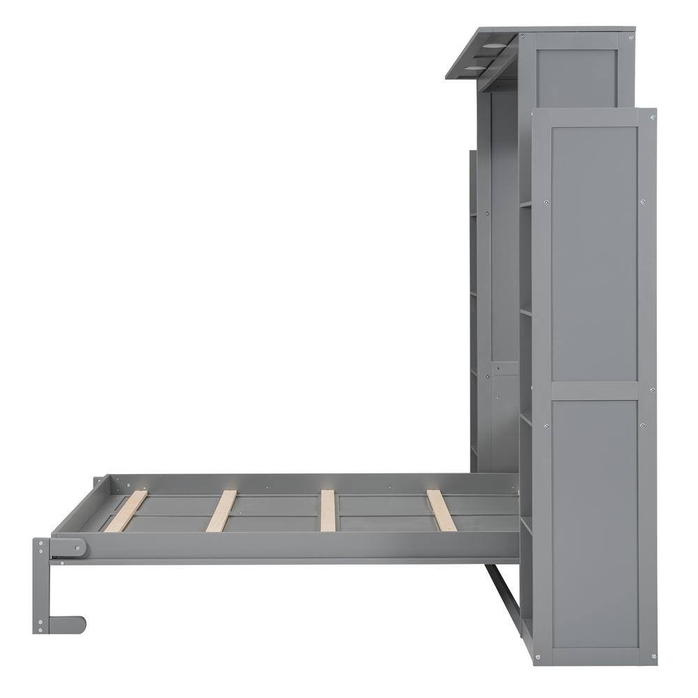 Gray Wood Frame Queen Size Murphy Bed Wall Bed with Storage Shelves and LED Lights - thumbnail 9
