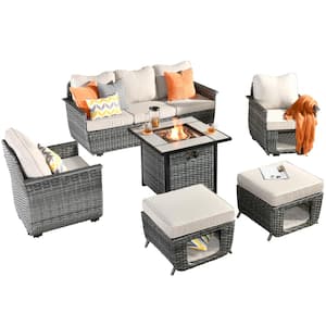 Echo Black 6-Piece Wicker Multi-Functional Patio Conversation Sofa Set with a Fire Pit and Beige Cushions