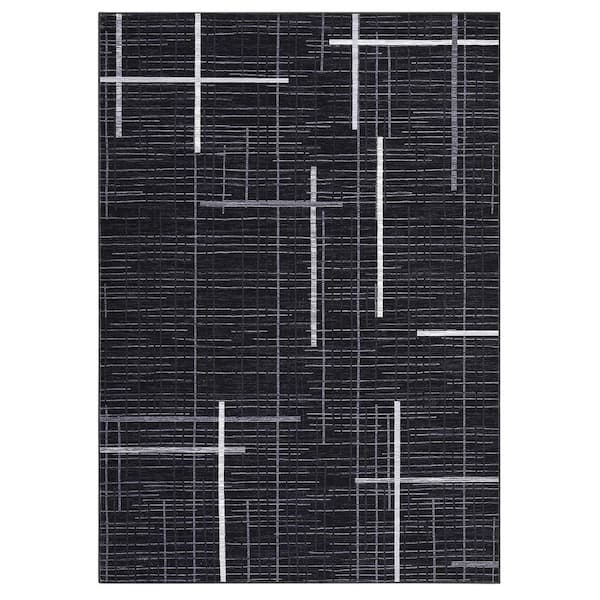 Striped Bedside Foldable Geometric Print Carpet Soft Thin Carpet Living Room Laundry Room Black 9 ft. x 12 ft. Area Rug