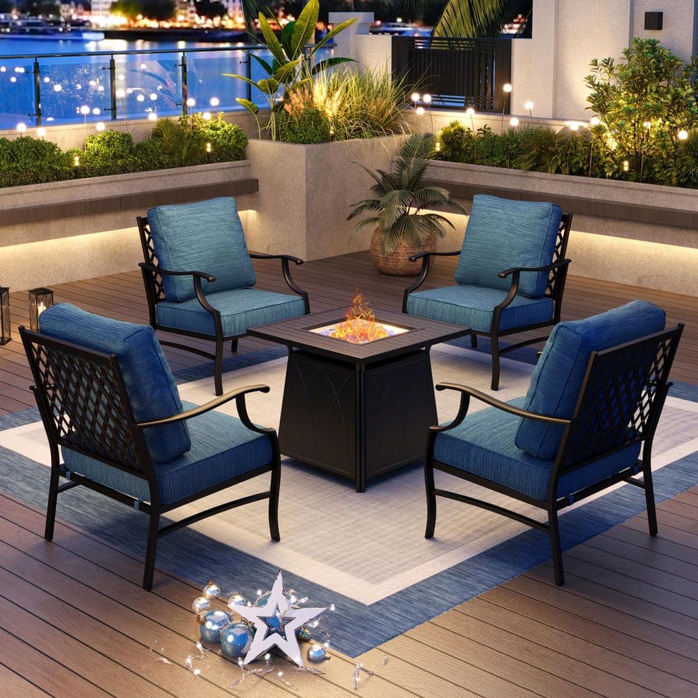 Black Metal Meshed 4 Seat 5-Piece Steel Outdoor Patio Conversation Set with Peacock Blue Cushions Square Fire Pit Table price history on PriceWatchPro