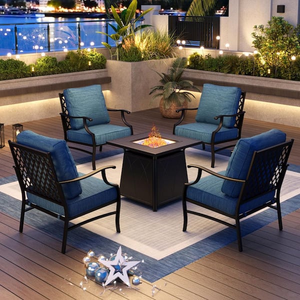 PHI VILLA Black Metal Meshed 4 Seat 5-Piece Steel Outdoor Patio Conversation Set with Peacock Blue Cushions Square Fire Pit Table
