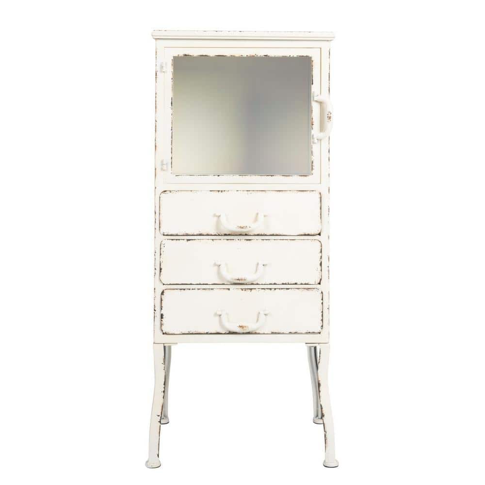 Distressed White Metal Cabinet with 3 Drawers and Open Shelf