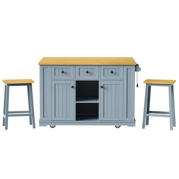 Boosicavelly Grey-Blue MDF Kitchen Cart with 2 Bar Stools,Power Outlet,Door Internal Storage Rack,Open Side Racks,Drop Leaf,Drawers