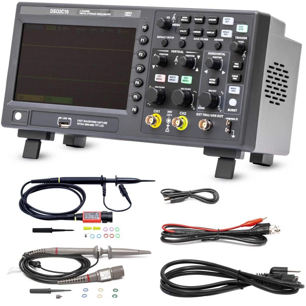 DSO2C10 Digital Storage Oscilloscope, 100MHz Bandwidth, Dual-Channel 1GSa/s, 8M Memory, Includes High-Voltage Probe -  Vrbgify, 347SA04-427D