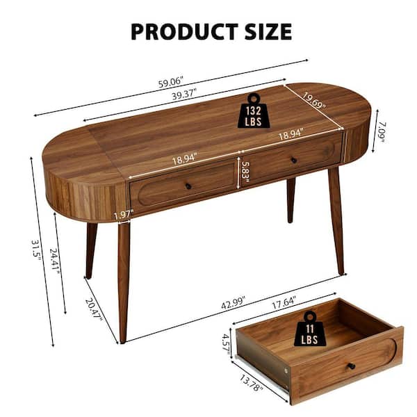 ATHMILE 19.69 in. Arc-Shaped Walnut MDF 2-Drawer Desk with Storage