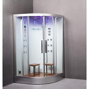 Platinum 47 in. x 47 in. x 90 in. Corner Steam Shower in White with Bluetooth, Sliding Doors and 6 kW Steam Generator