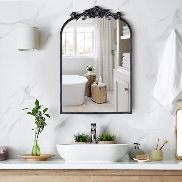 Elevatehome 24 in. W x 36 in. H Vintage Carved Black Arched Framed Wall Bathroom Vanity Mirror in Cast Iron Floral