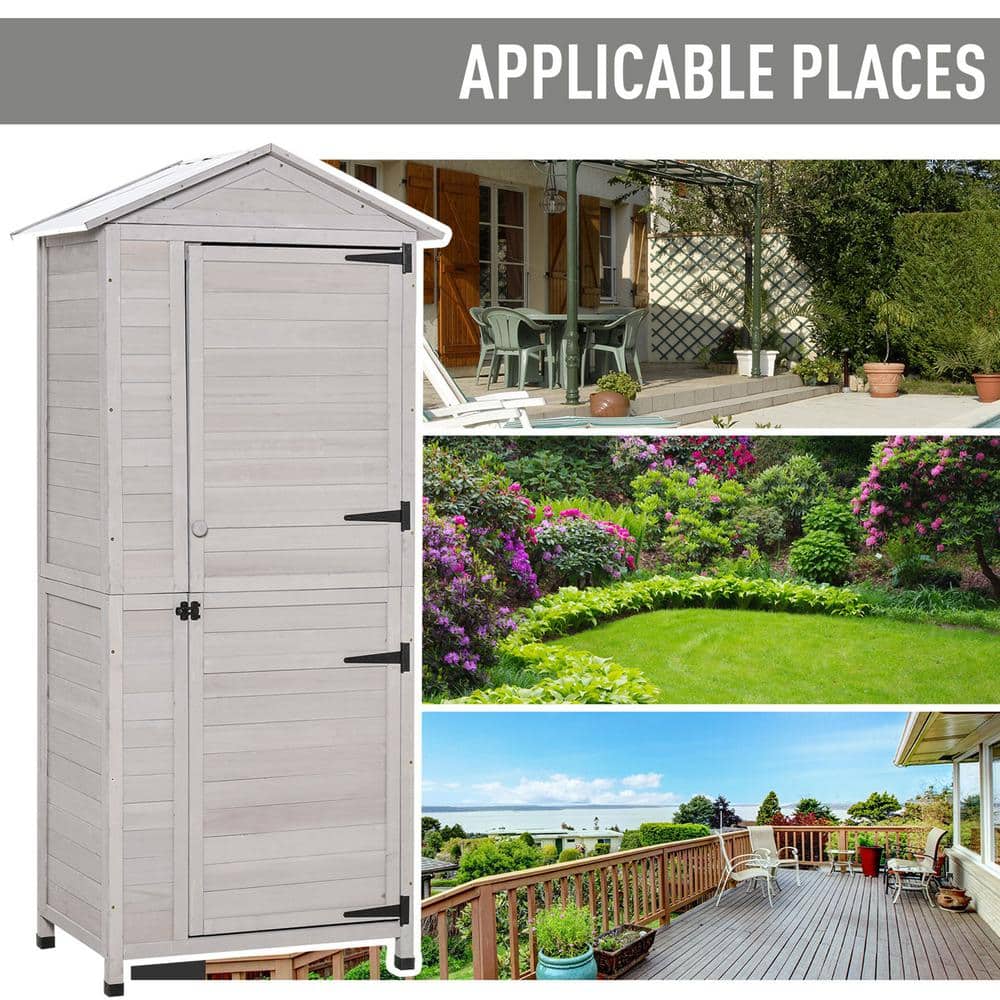 Light Gray Fir Wood Outdoor Storage Shed with Shelves