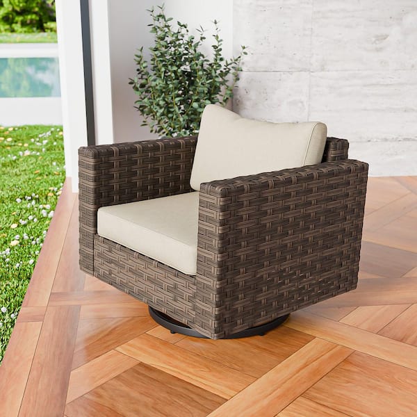 Patio Brown Swivel Wicker Outdoor Rocking Chair with Beige Cushion (1-Pack)