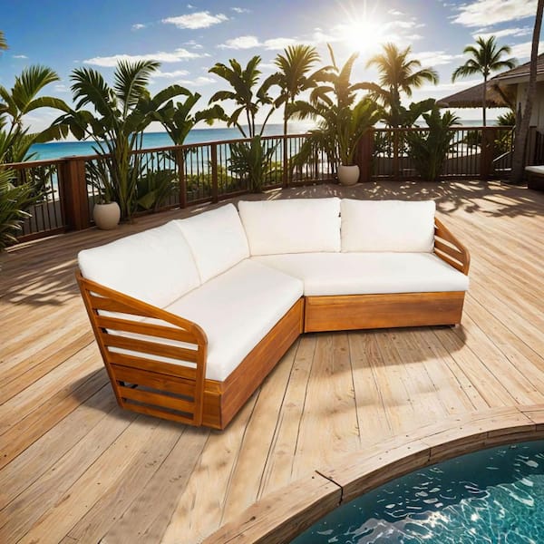 Mabel Patio 2-Piece Solid Wood Outdoor Sectional Sofa Set with Beige Cushions, Teak Finish