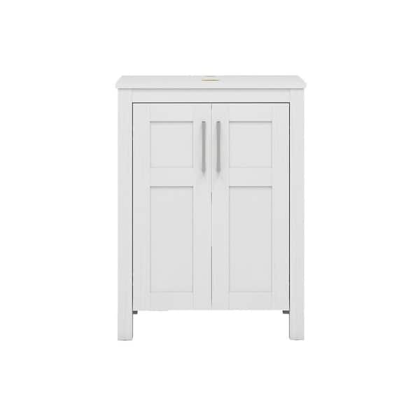 Puluomis 24 in. W x 18.1 in. D x 31.7 in. H Single Sink White Bath Vanity with  White Solid Surface Top Brown Plus Round Sink