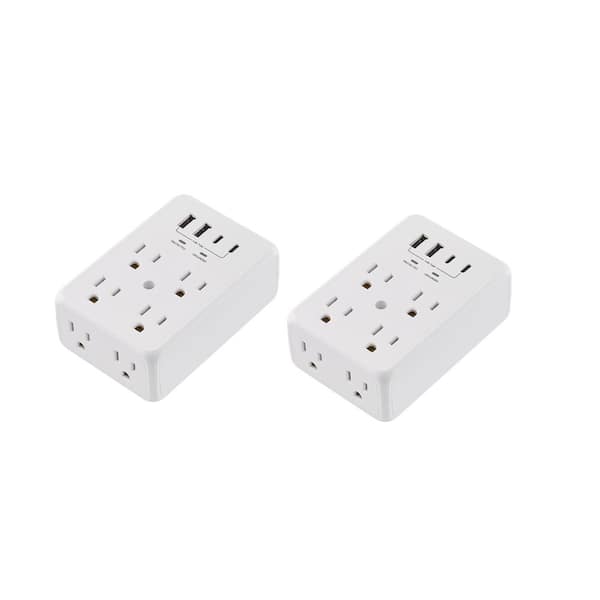 6-Outlet Wall Mounted Surge Protector with 2-USB-A and 2-USB-C, White (2-Pack)