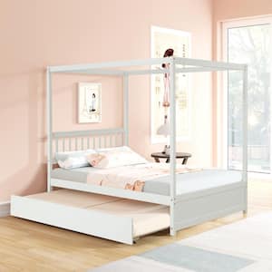 79.5in.Lx57in.W White Pine Full Size Canopy Kids Bed with Trundle