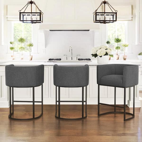 26 in. Dark Gray and Black Low Back Bar Stool with Metal Frame Counter Height Linen Fabric Counter Stool(Set of 3)