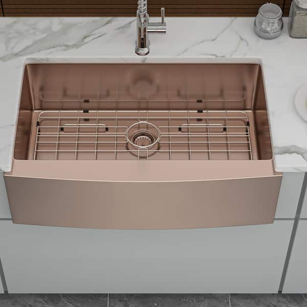 36 in. Farmhouse Single Bowl 16-Gauge Rose Gold Stainless Steel Kitchen Sink with Bottom Grids