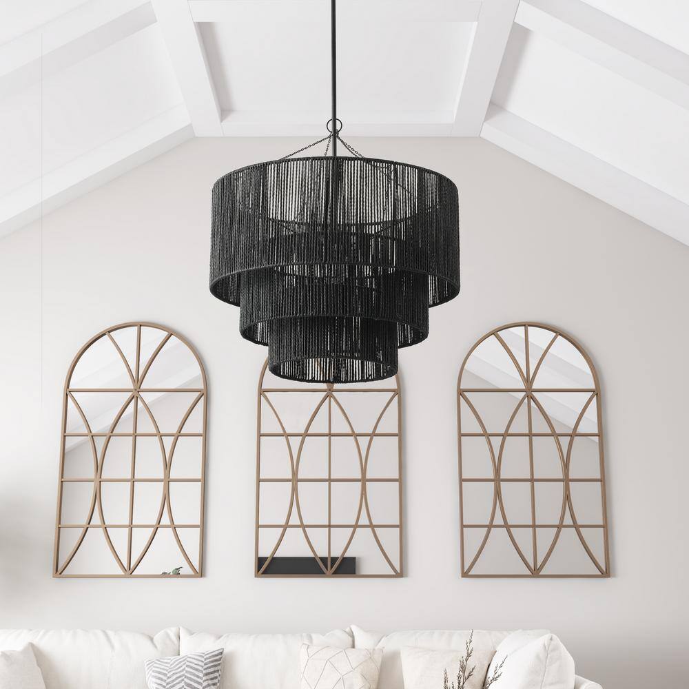 Black Tiered Metal and Rattan Pendant Light