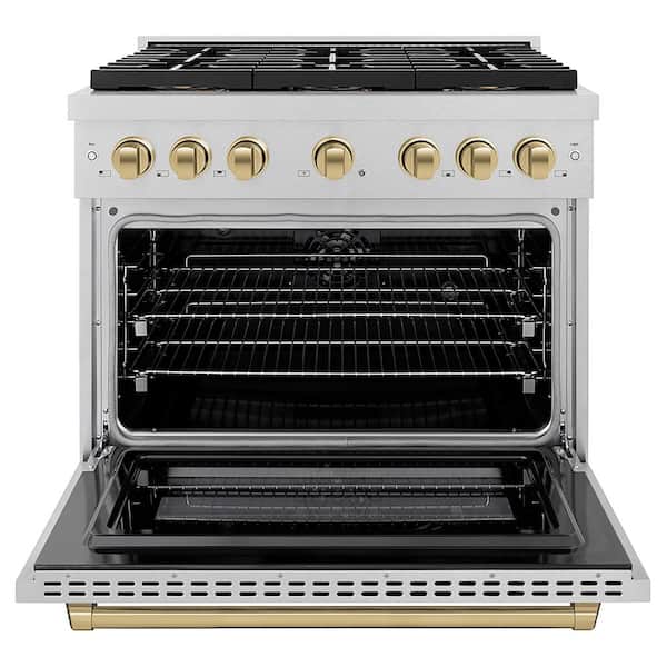 Autograph 36 in. 5.2 cu. ft. Dual Fuel Range with 6 Burner DuoPro Cooktop in Satin Stainless Steel and Champagne