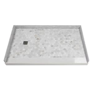 Pre-Tiled 60 in. L x 36 in. W Alcove Shower Pan Base with Left-Hand Drain in Off-White Hexagon