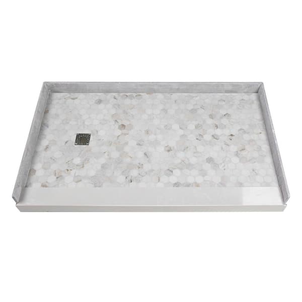 Transolid Pre-Tiled 60 in. L x 36 in. W Alcove Shower Pan Base with Left-Hand Drain in Off-White Hexagon